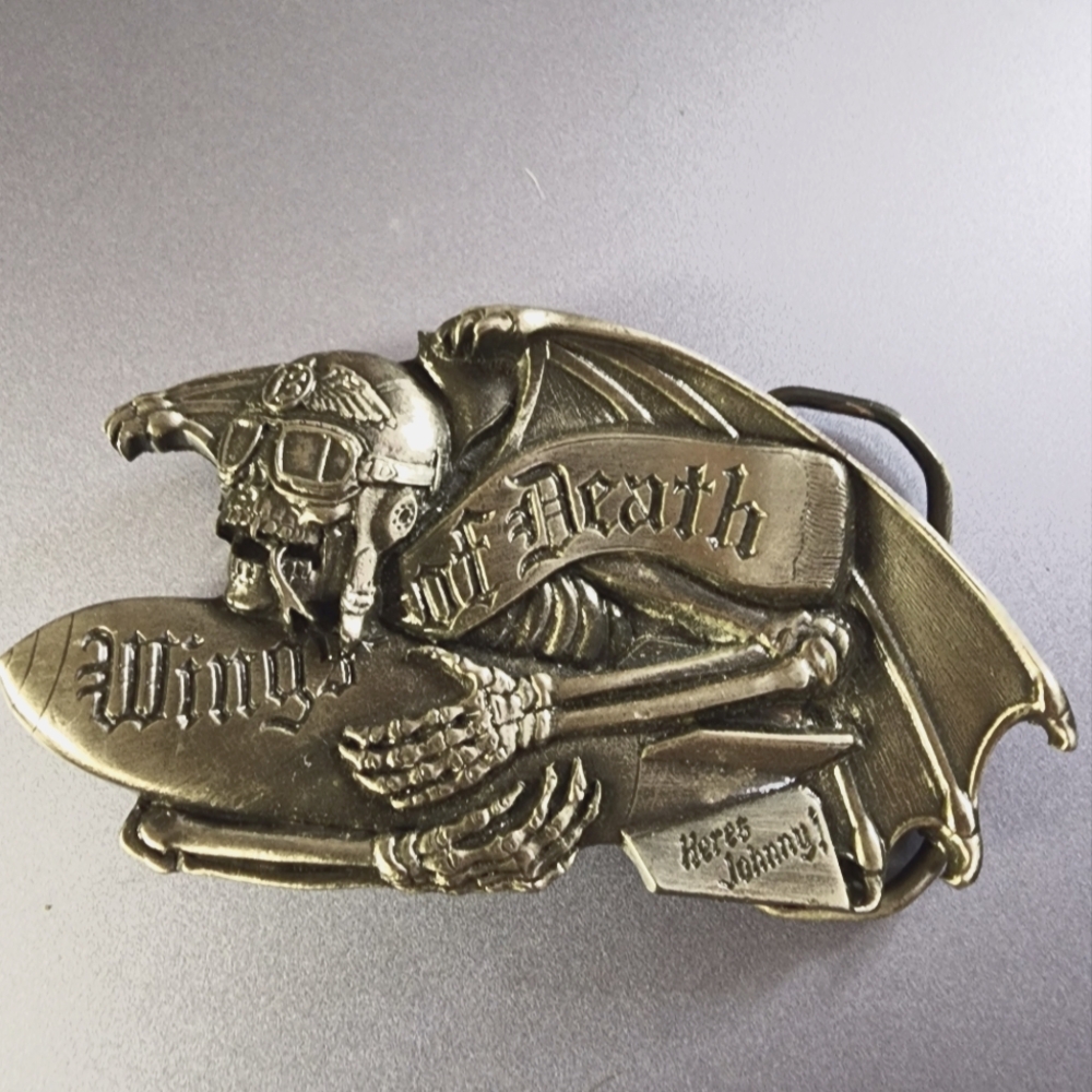 Silver Skull Belt Buckle with Bat Wings Of Death